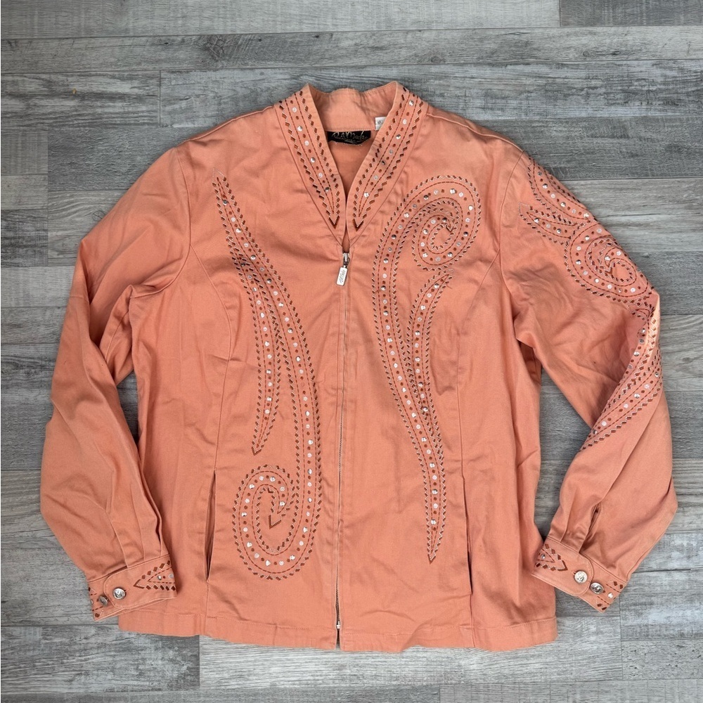 Vintage Bob Mackie Wearable Art Coral Embroidered Studded Zip Jacket Size XL O5